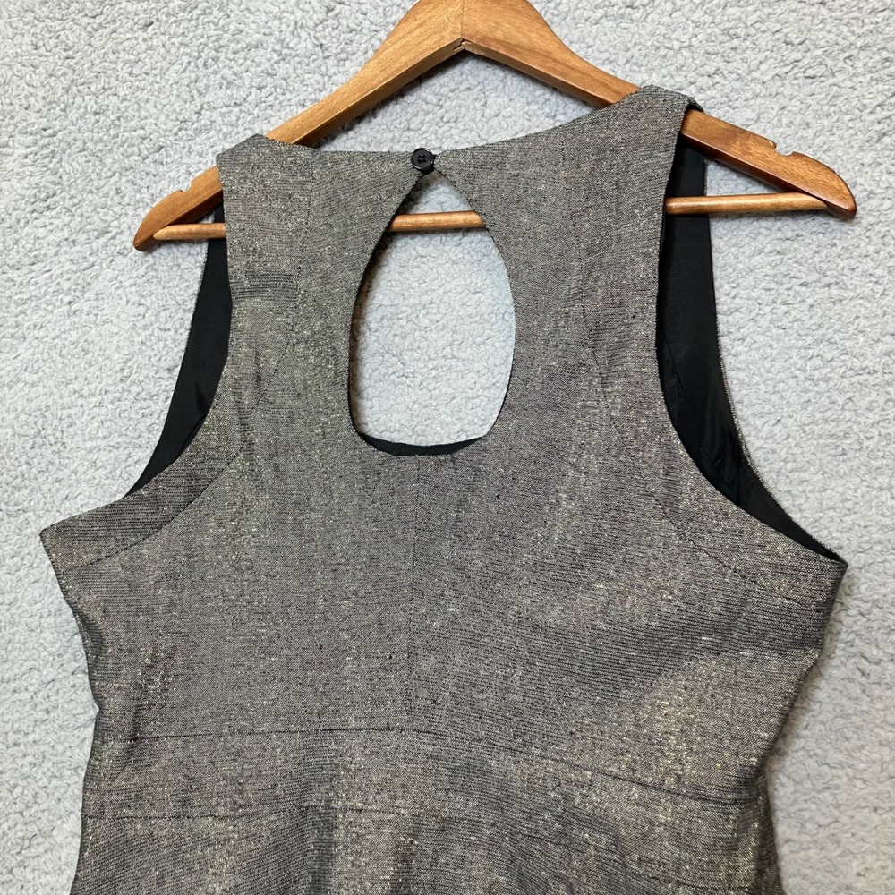 KK Keyhole Fit Flare Dress Women L Metallic Gold Black Linen Cotton Party Mini - Picture 3 of 8